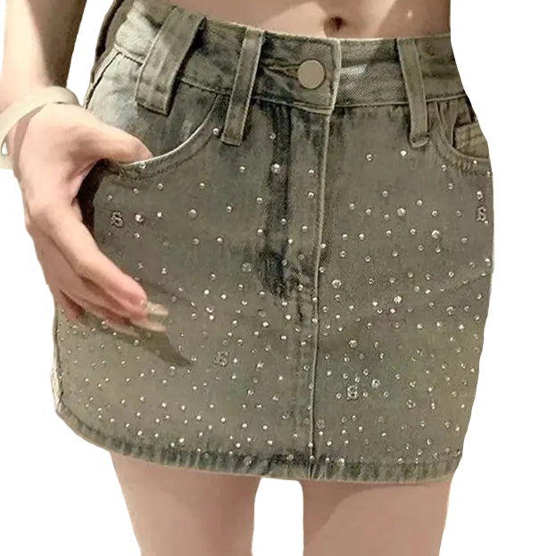 Full Front Crystal Speckled Denim Skirt