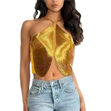 Load image into Gallery viewer, Metallic Drape Tassel Halter Top
