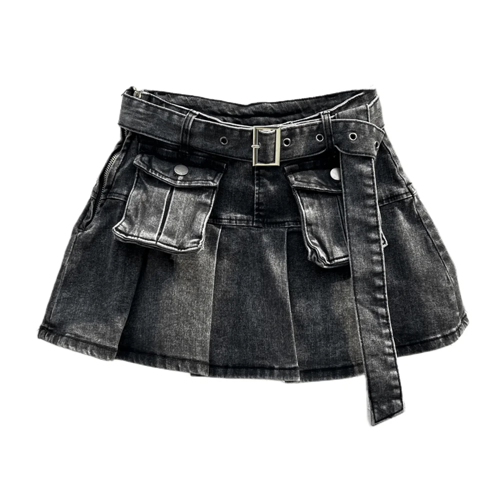 Grey Denim Pleated Skirt