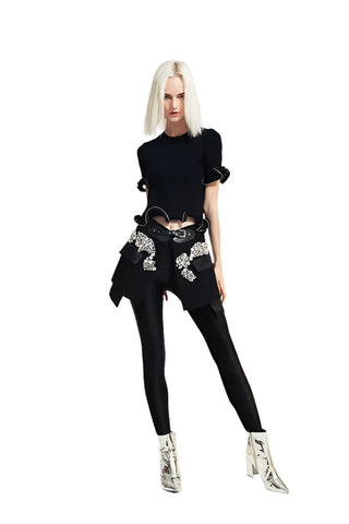 Irregular Rhinestone Belted Mini Skirt-Modern Baby Las Vegas
