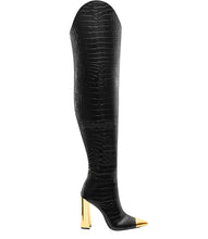 Load image into Gallery viewer, Croc Print Gold Heel Leather  Boots

