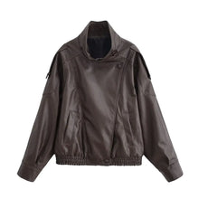 Load image into Gallery viewer, Stand Collar Zip-Up Leather Jacket
