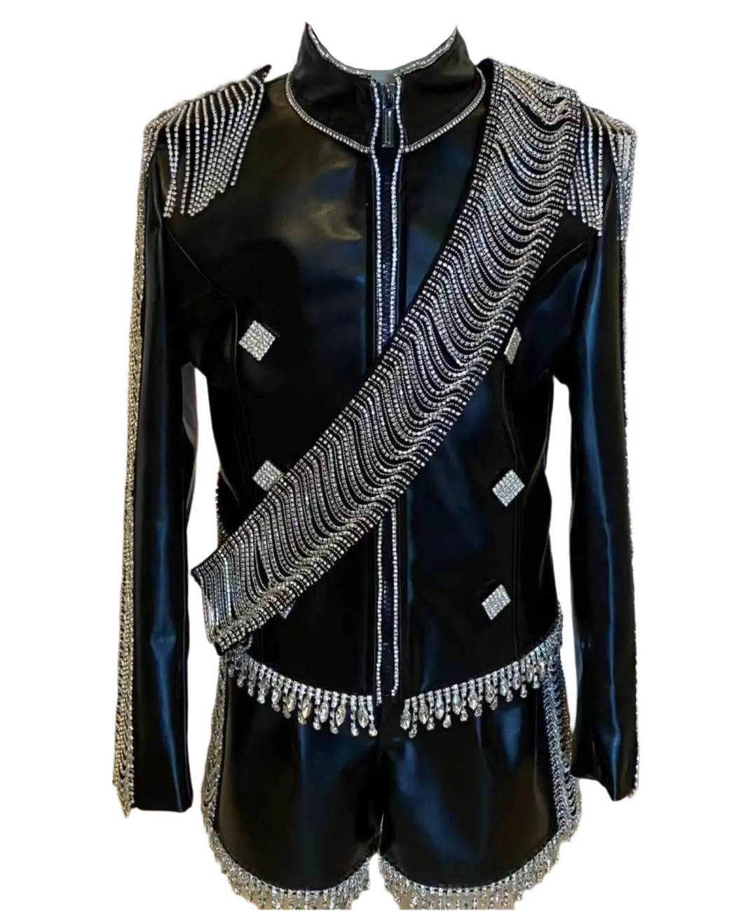 Black Leather Crystal Tassel  Jacket