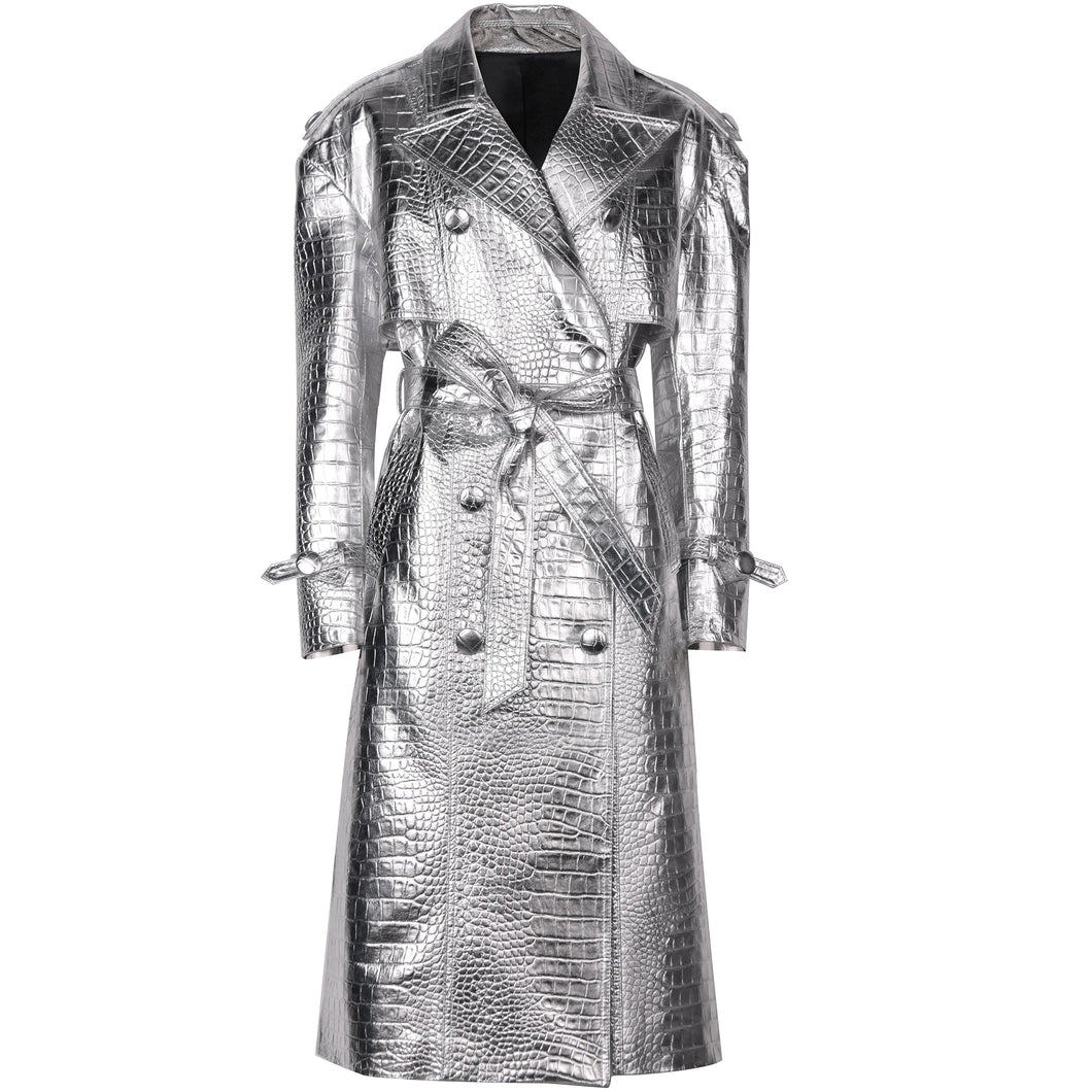 Metallic Croc Print Trench Coat