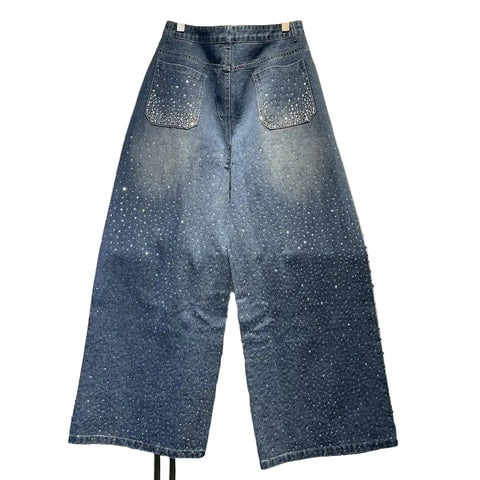 Wide-Leg Crystal Speckled Denim Jeans