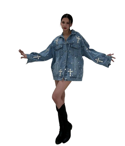 Blue Rhinestone Cross Denim Jacket-Modern Baby Las Vegas