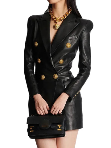 Leather Gold Button Blazer Dress-Modern Baby Las Vegas