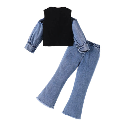 Hollow Out Patch Denim Bow Pant Set