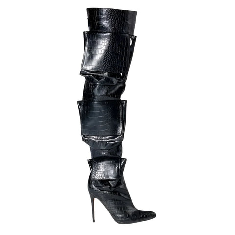 Multi-Pocket Croc Print Knee Boots-Modern Baby Las Vegas