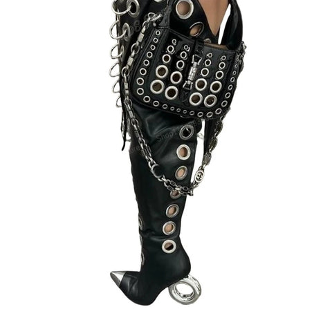 Black Metal Round Rings Over the Knee Boots-Modern Baby Las Vegas