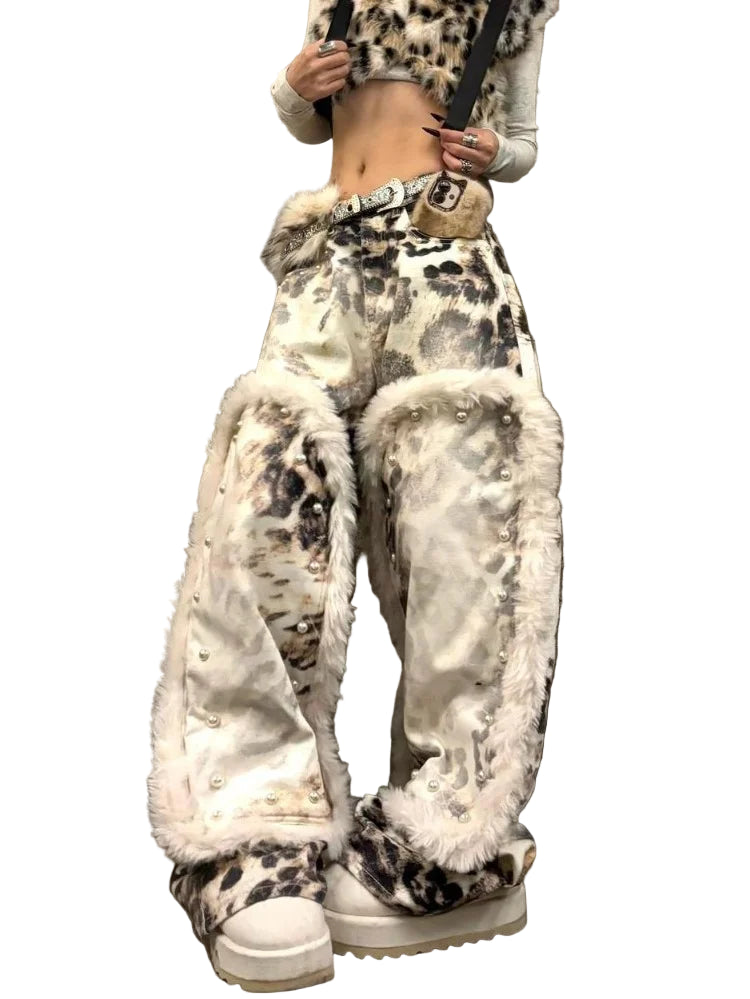 Fur Patch Leopard Print Jeans