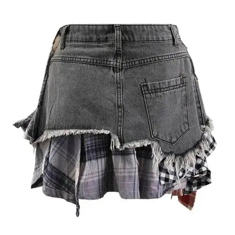 Plaid Patch Denim Skirt