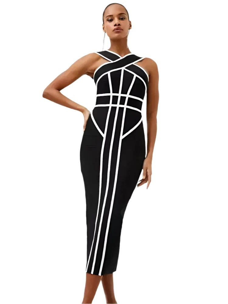 Luxury Black White Contrast Bandage Midi Dress