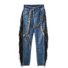 Load image into Gallery viewer, Western Crystal Strap Fringe Denim Jeans
