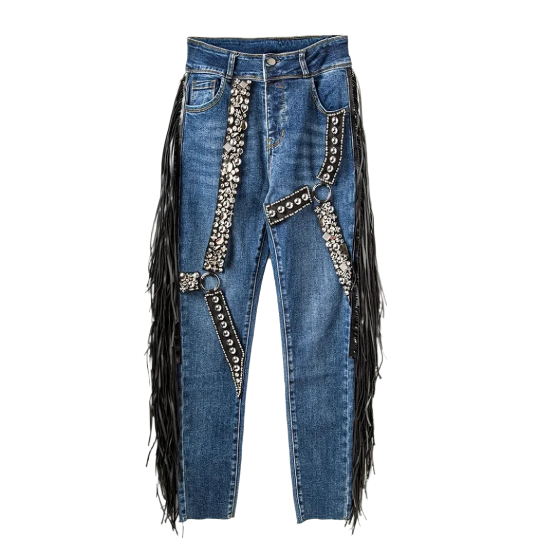 Western Crystal Strap Fringe Denim Jeans