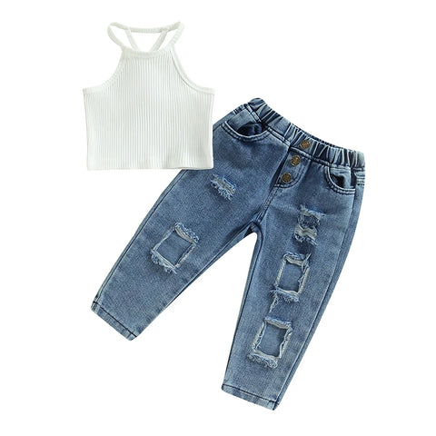 Distressed Denim Jeans Ribbed Tank Set