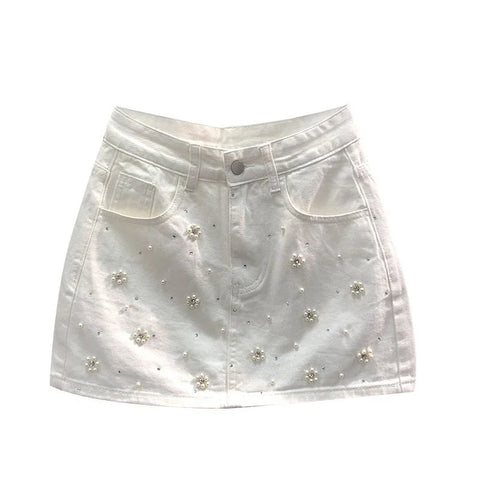 Pearl Crystal Beaded Denim Skirt