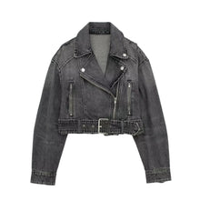 Load image into Gallery viewer, Grey Buckle Cropped Denim Jacket
