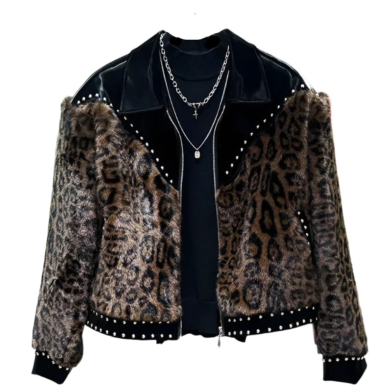 Leopard Print Patch Studded Fur Jacket