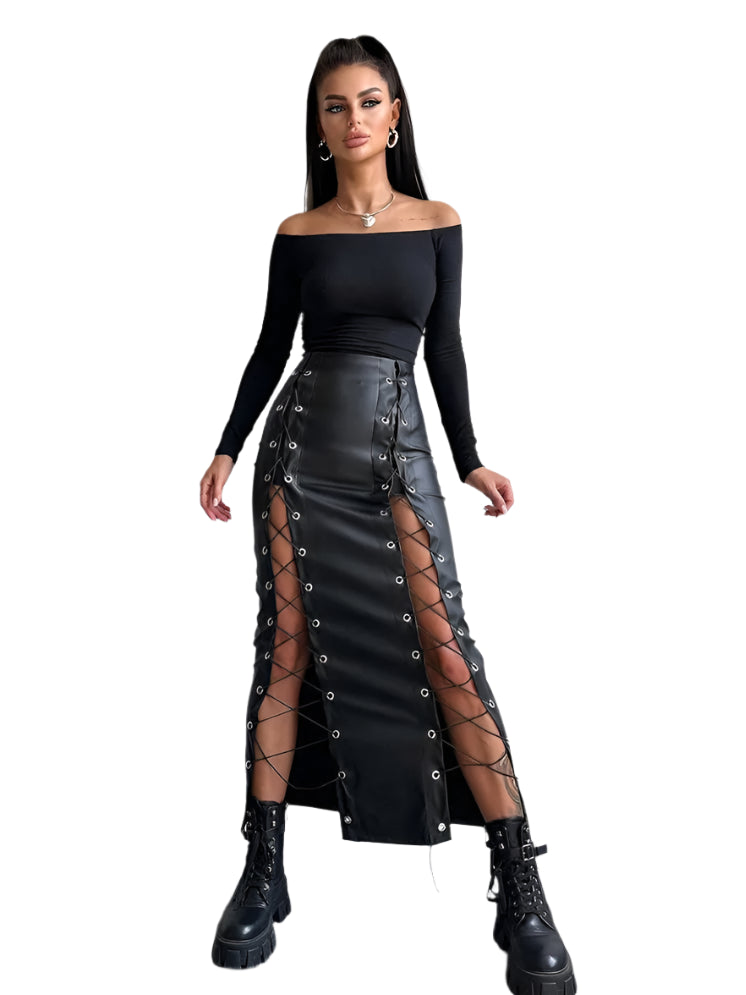 Long Leather Lace-Up Bandage Skirt