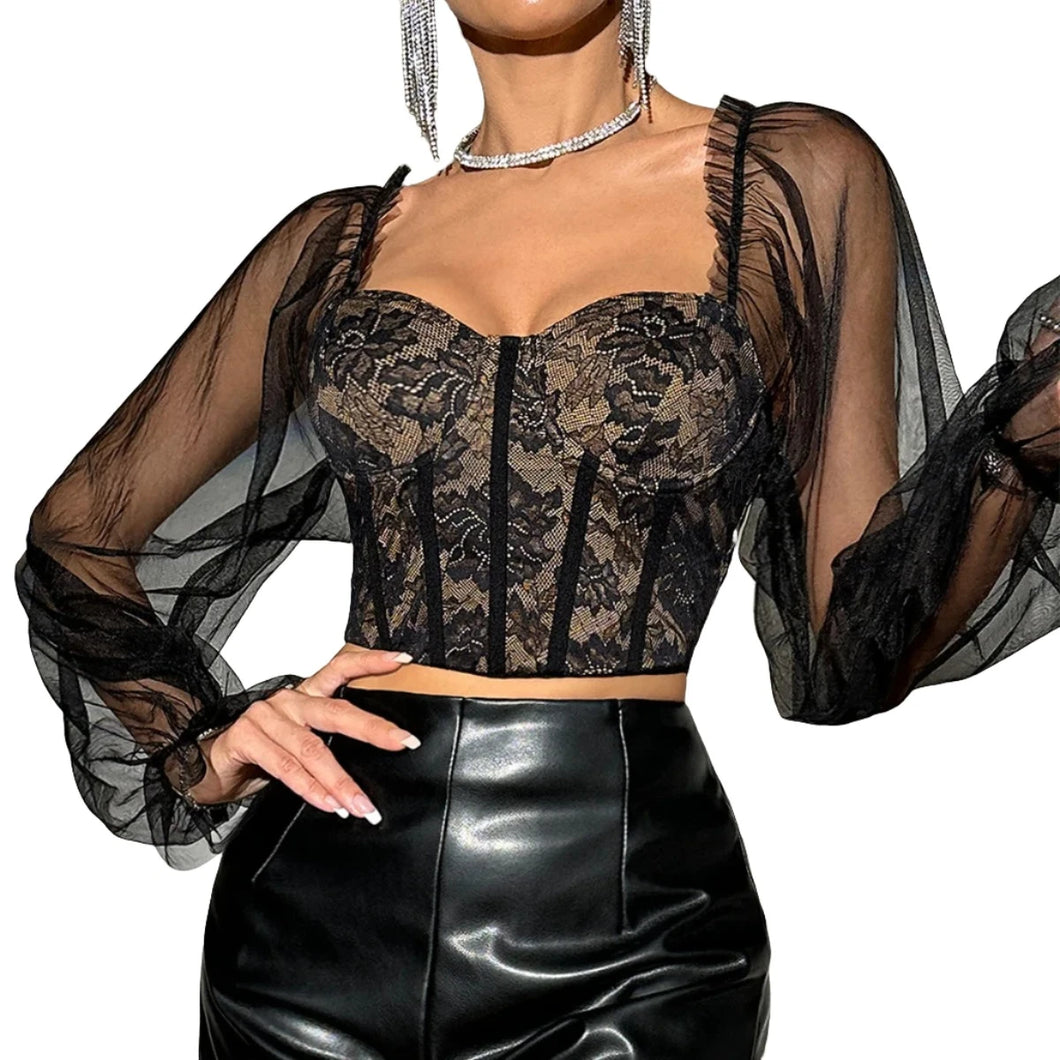 Lace Corset Mesh Sleeve Top