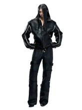 Load image into Gallery viewer, Black Distressed Waxed Cotton Denim Pants

