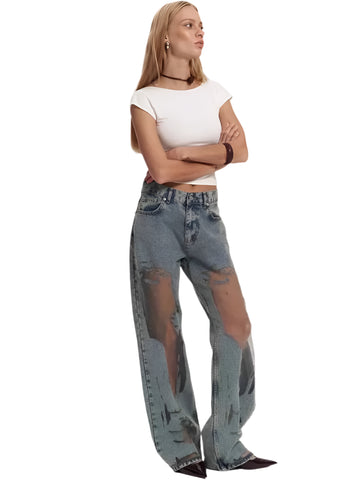 Ripped Patch Mesh Denim Jeans-Modern Baby Las Vegas