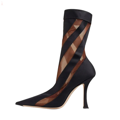 Pointed-Toe Striped Mesh Boots