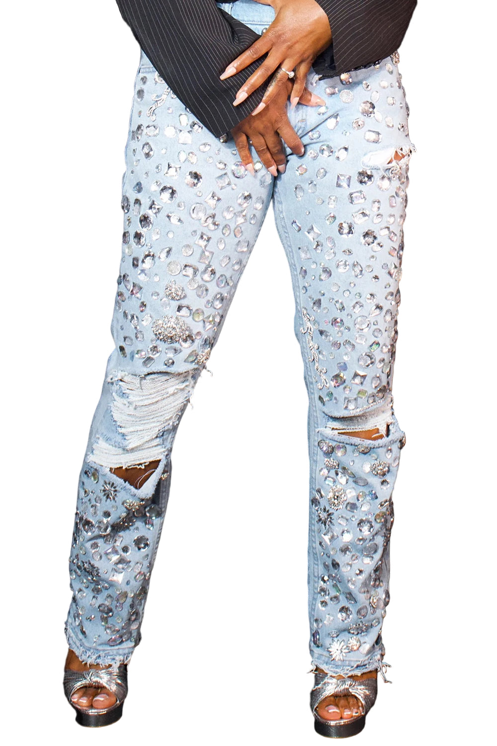 Large Crystal Ripped Denim Jeans