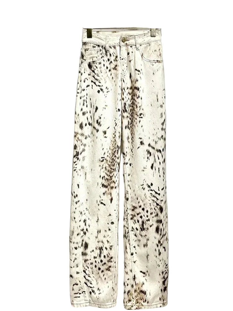 White Retro Leopard Denim Jeans