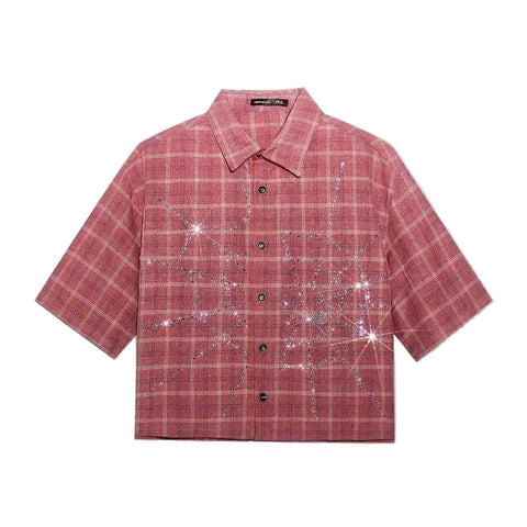 Short Sleeve Crystal Design Plaid Shirt