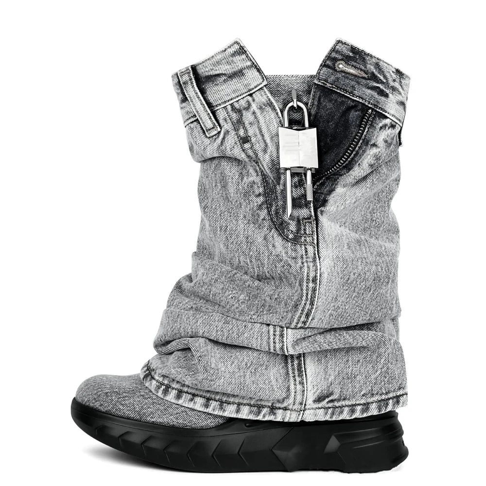 Lock Denim Layered Boots