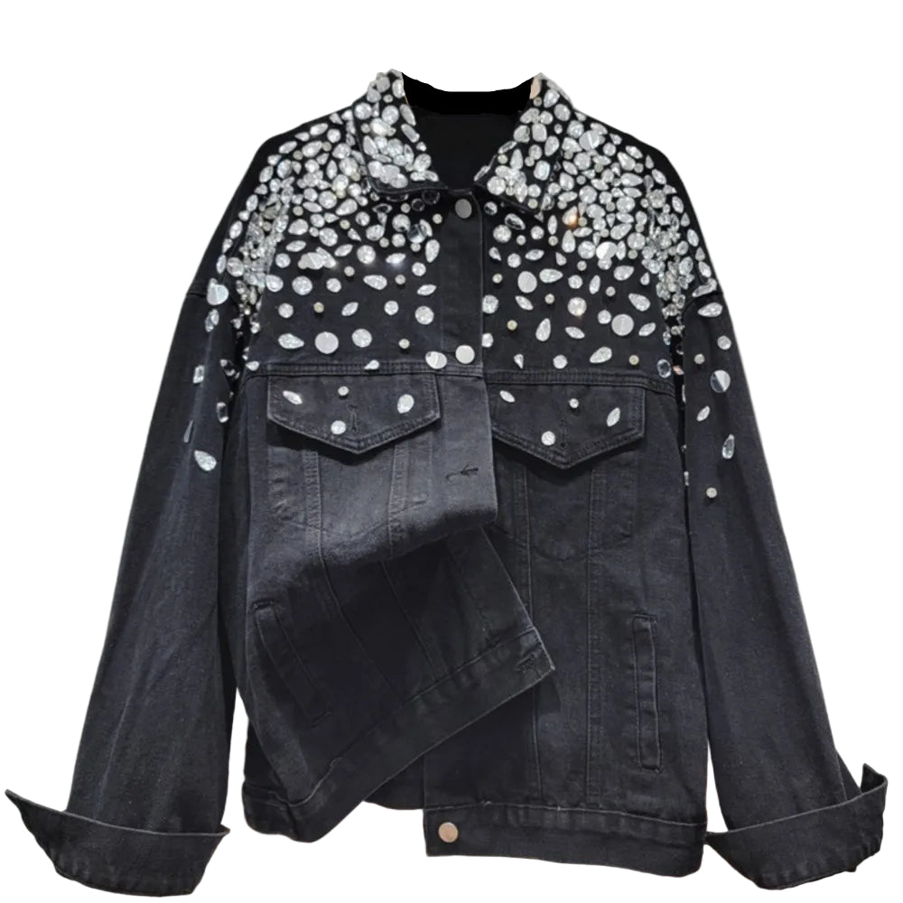 Black Large Crystal Denim Jacket
