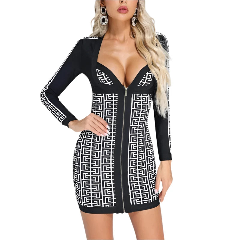 GEO Print Zipper Bandage Dress