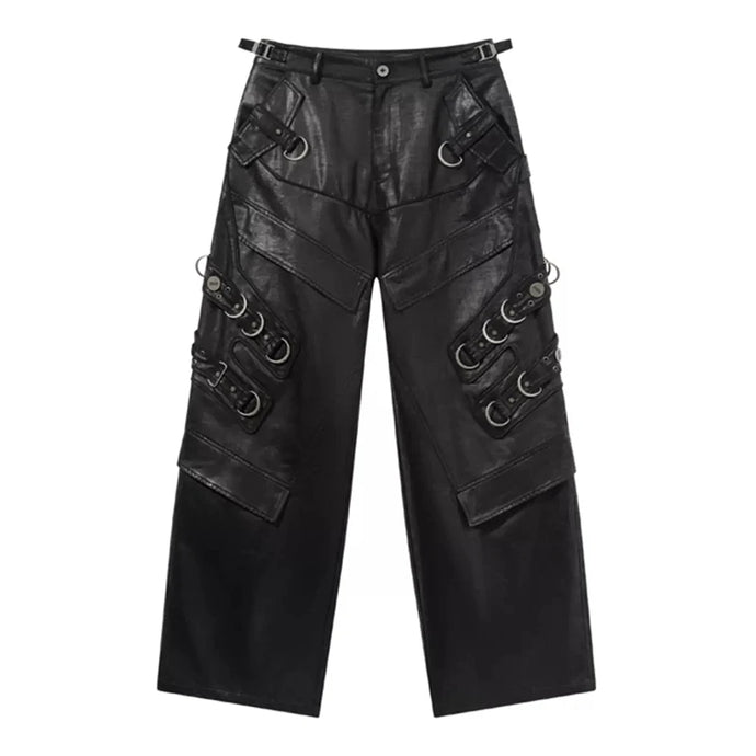 Buckle Patch Multi-Pocket Leather Pants-Modern Baby Las Vegas