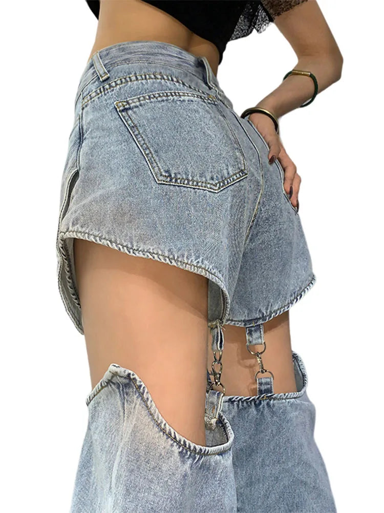 Y2k Hollow Out Slit Design Chain Denim Jeans