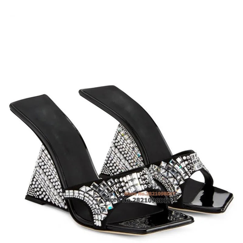 Square-Toe Wedge Rhinestone Sandals