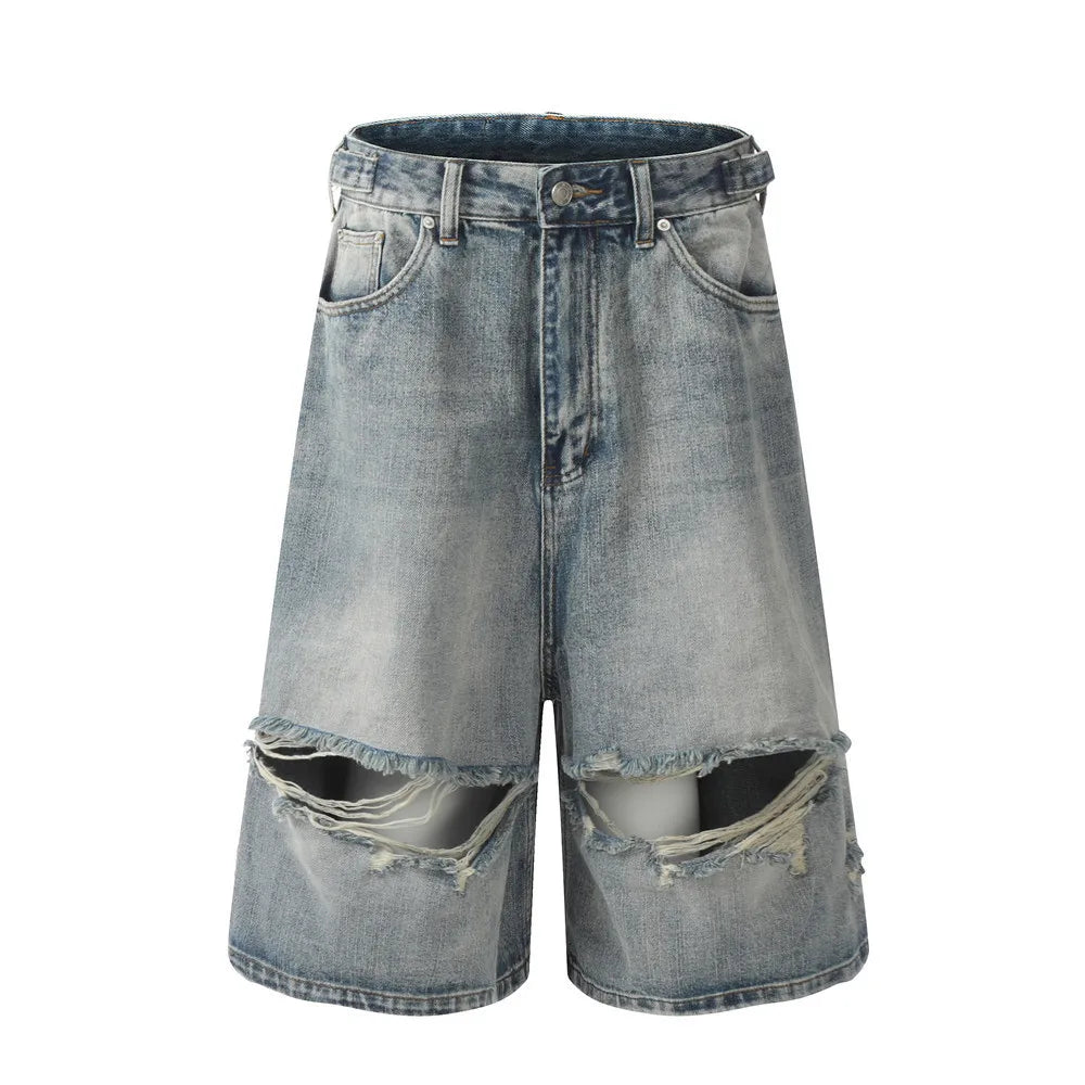 Long Ripped-Knee Denim Shorts