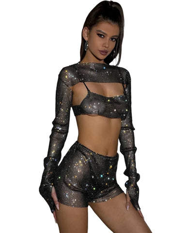 Mesh Rhinestone Crop Top Short Set-Modern Baby Las Vegas