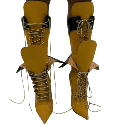 Patch Pointed-Toe Stiletto Lace-Up Boots-Modern Baby Las Vegas