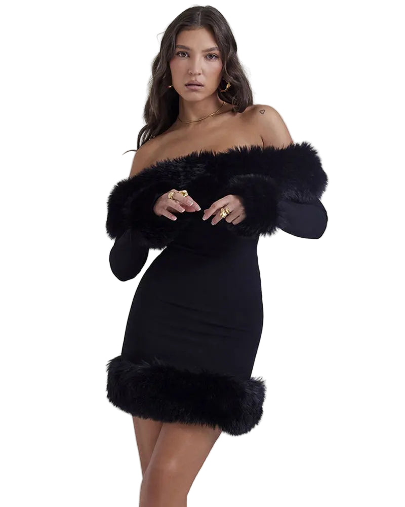 Off The Shoulder Fur Mini Dress