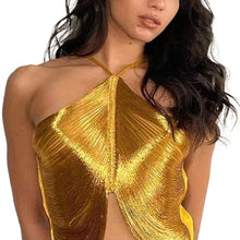 Load image into Gallery viewer, Metallic Drape Tassel Halter Top
