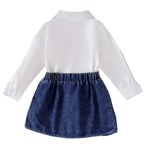 Turn-Down Collar Patch Denim Dress Set