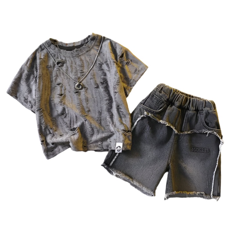 Distressed Top Denim Short Set