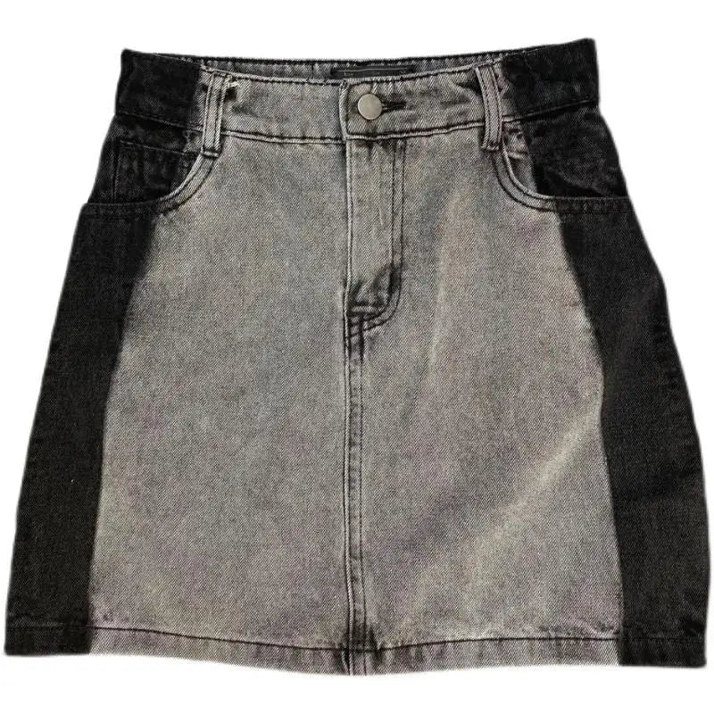 Grey Color Contrast Denim Skirt