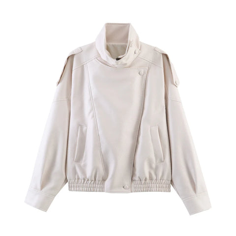 Stand Collar Zip-Up Leather Jacket