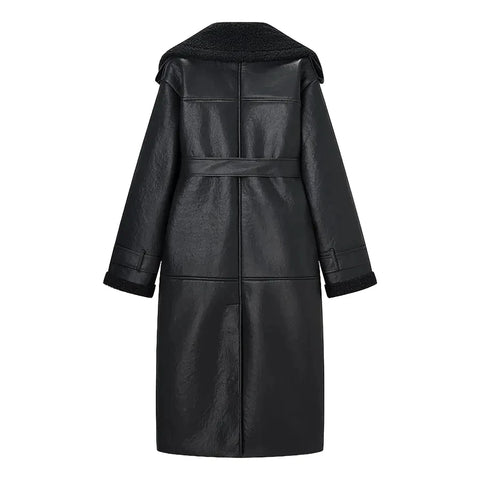 Long Teddy Fur Belted Leather Coat