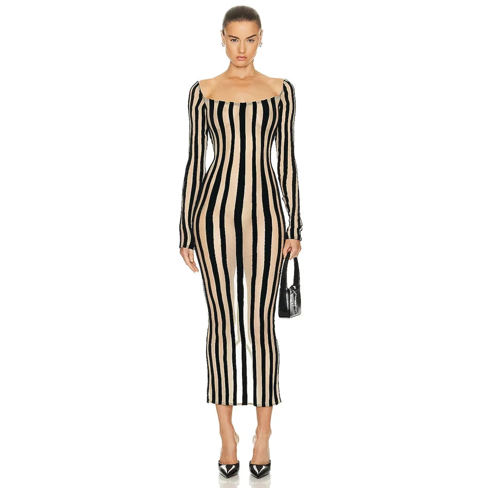 Square Collar Striped Mesh Dress