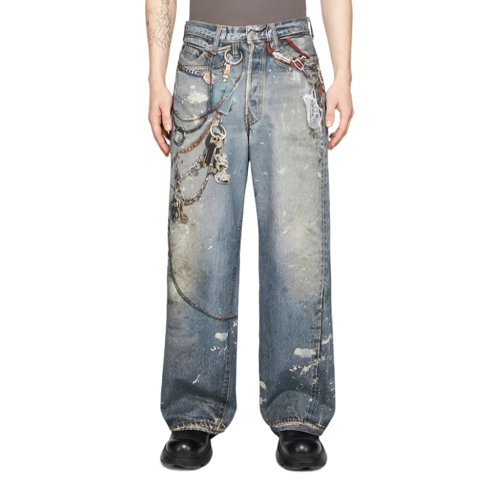 Chain Print Washed Baggy Jeans