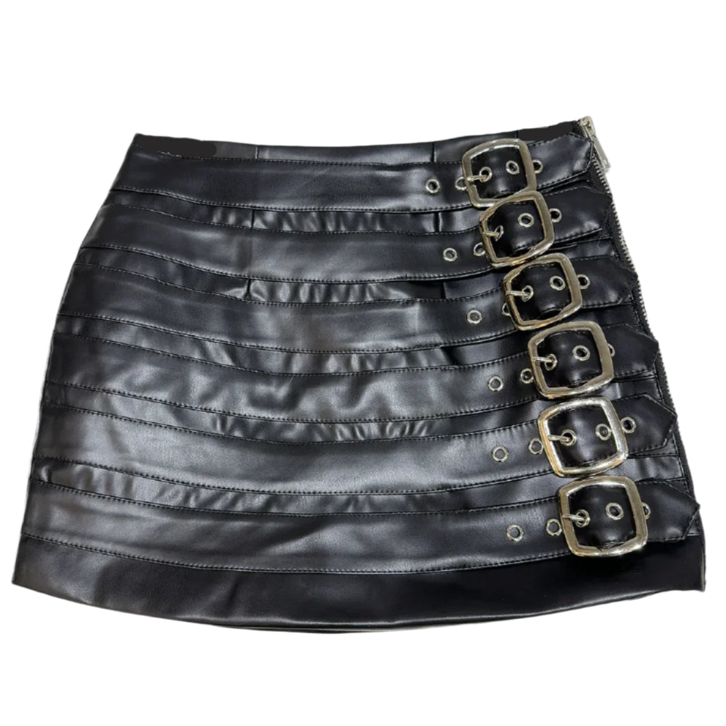 Multi-Buckle Leather Mini Skirt